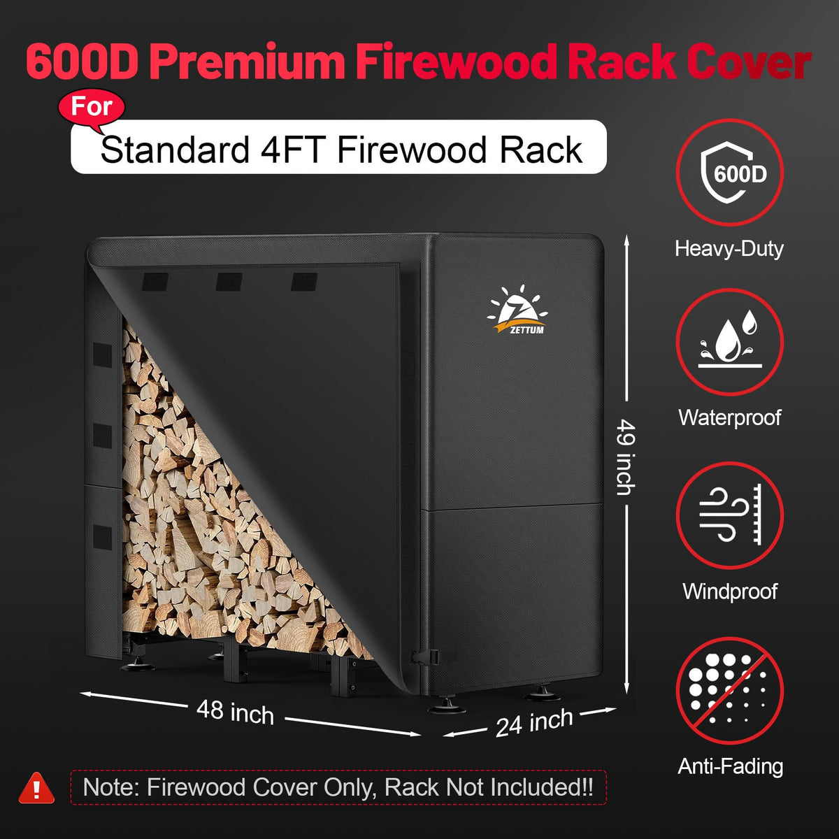 Front view with windproof buckles demonstrates secure fit on a 4-foot rack