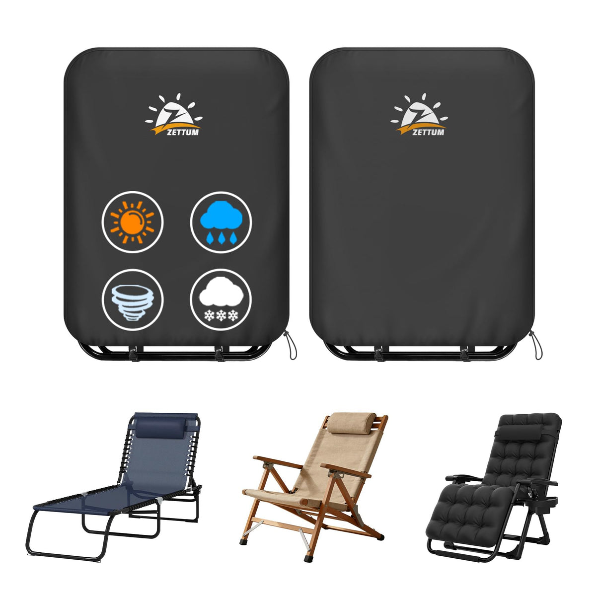 Zettum Zero Gravity Chair Cover shows universal fit for most chairs, implying broad compatibility.