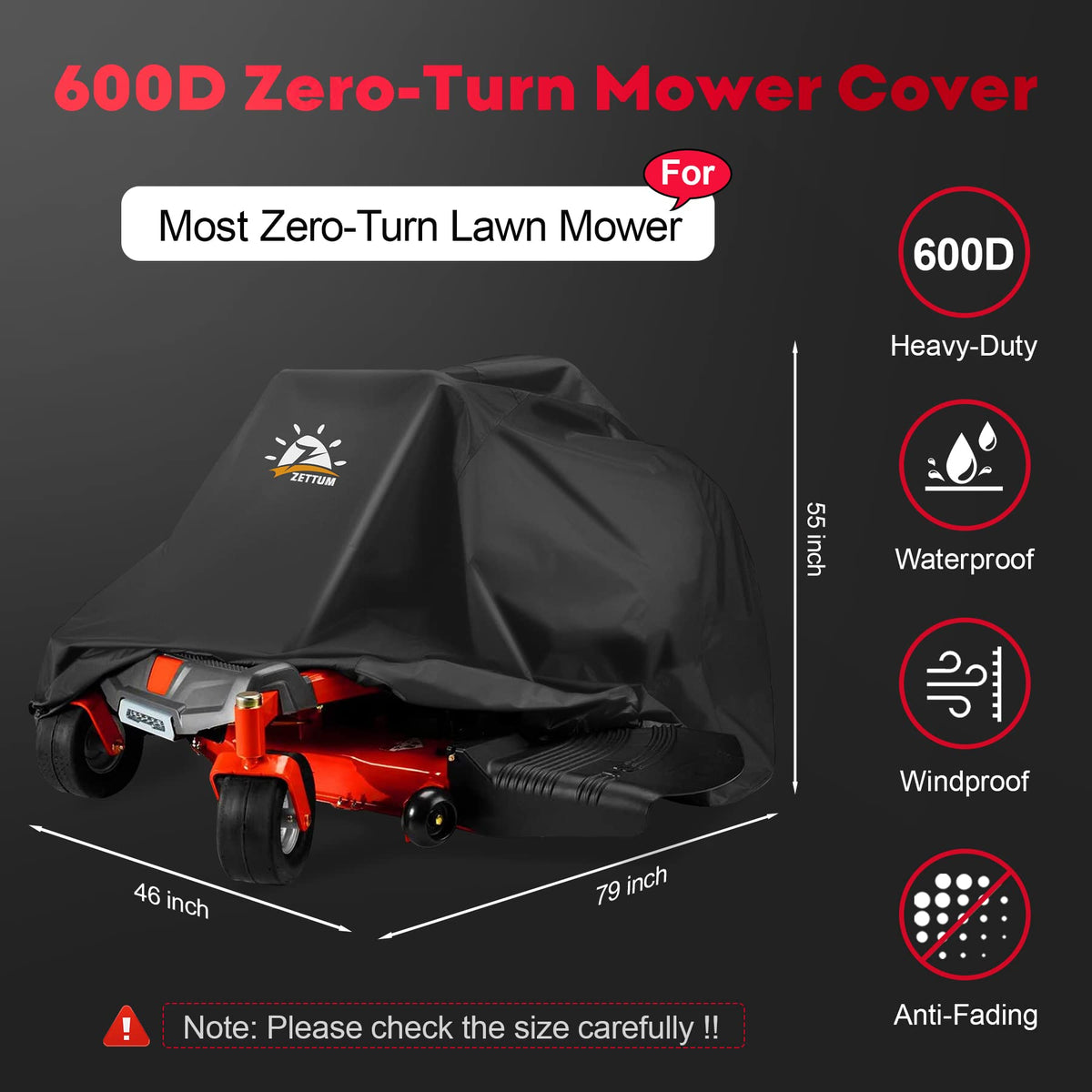 Zettum zero-turn mower cover side buckle secures snug fit against wind