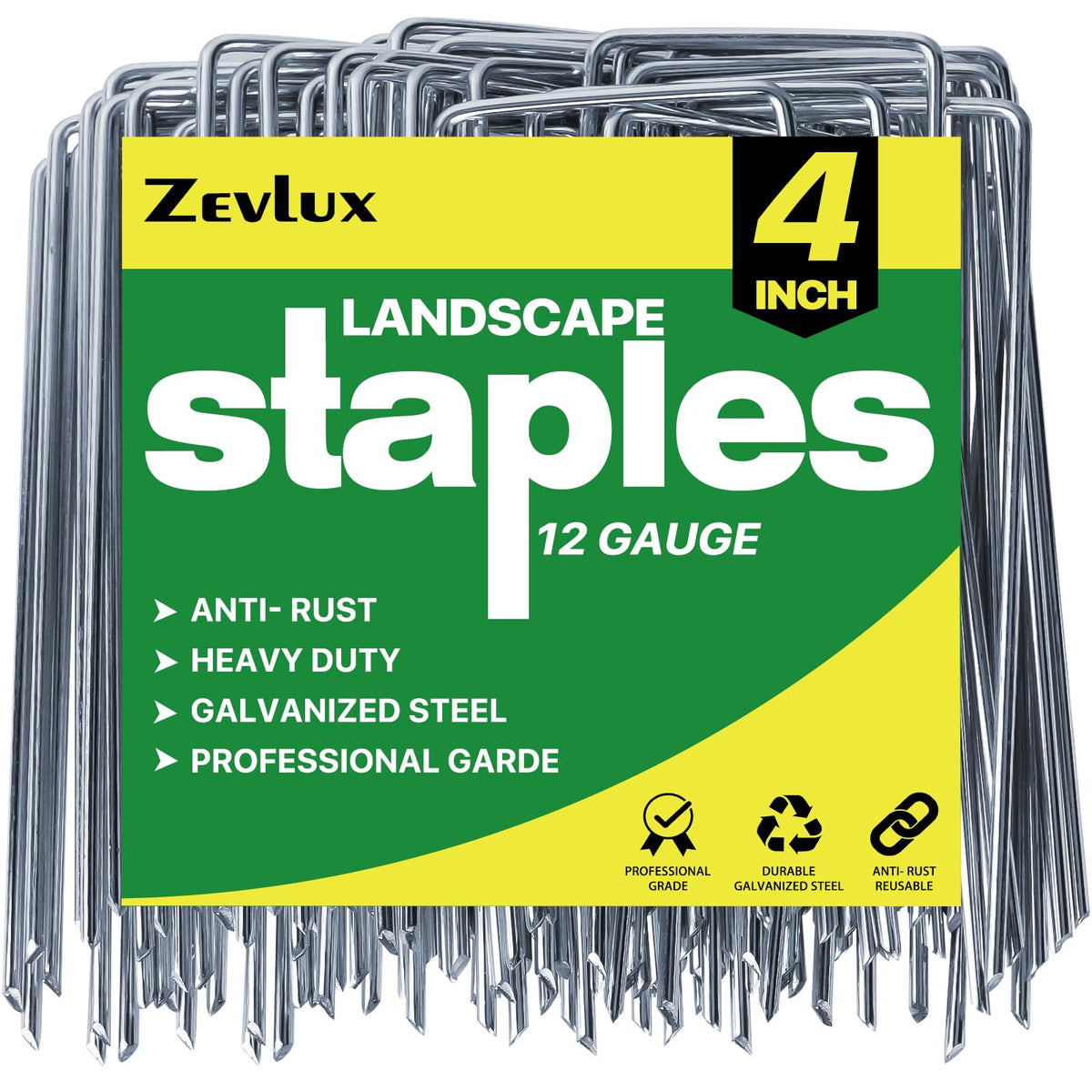 Zevlux landscape staples in a 100-pack box for quick outdoor anchoring.