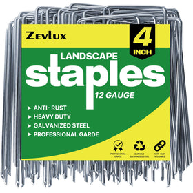 Zevlux landscape staples in a 100-pack box for quick outdoor anchoring.