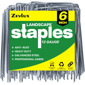 Zevlux landscape staples 6-inch pack anchored in soil for lawn projects
