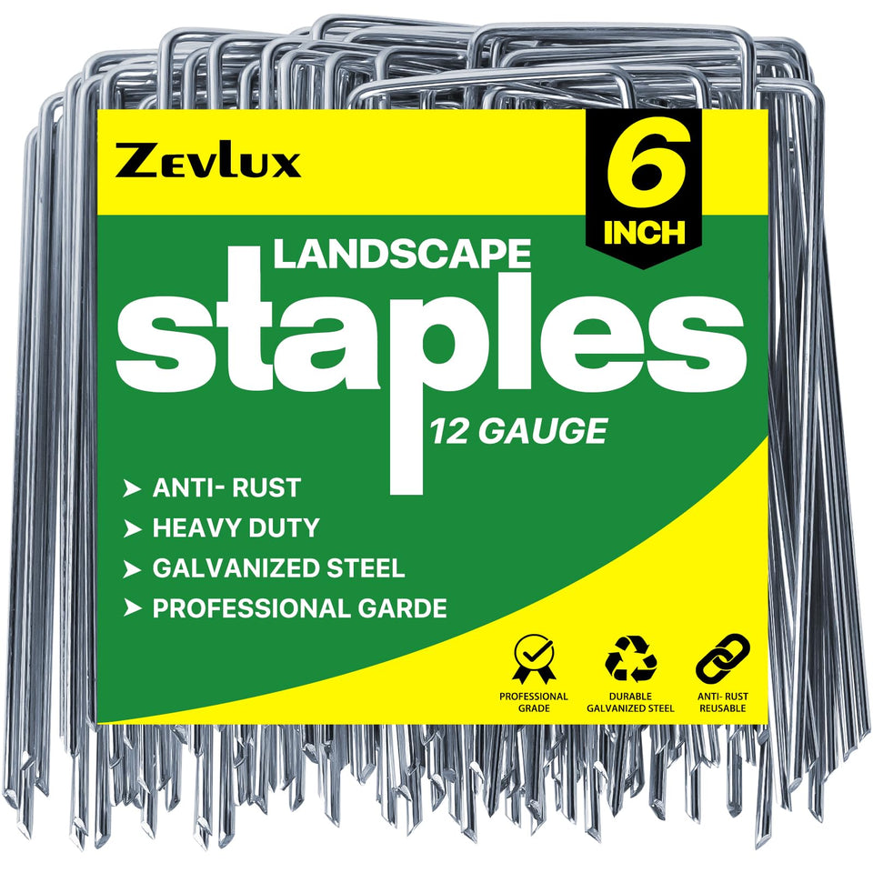 Zevlux landscape staples 6-inch pack anchored in soil for lawn projects