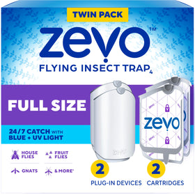 ZEVO 2 flying insect trap, front view, attracting gnats with blue UV light.