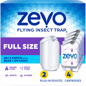 ZEVO 2 trap with blue UV light attracts flying insects for mess-free capture.