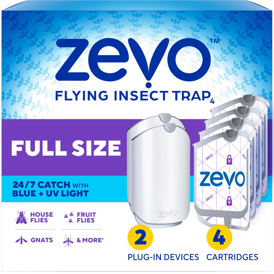 ZEVO 2 trap with blue UV light attracts flying insects for mess-free capture.