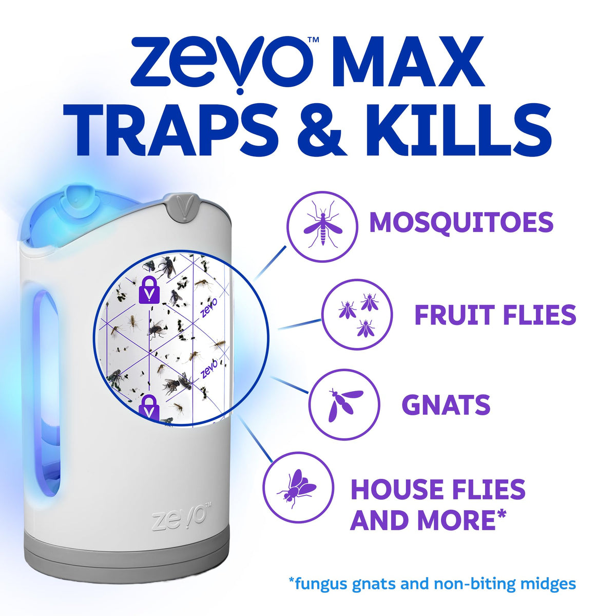 ZEVO MAX blue light, continuous lure for gnats and fruit flies.