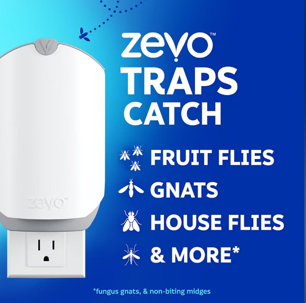 ZEVO MAX fly trap in kitchen corner captures gnats with safe light attraction.