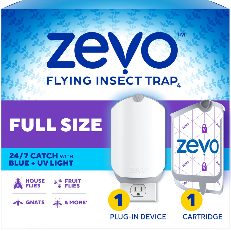 ZEVO plug-in device in kitchen catching gnats with blue and UV light