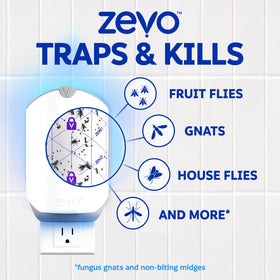 ZEVO close-up shows blue UV light lure catching small flying insects.