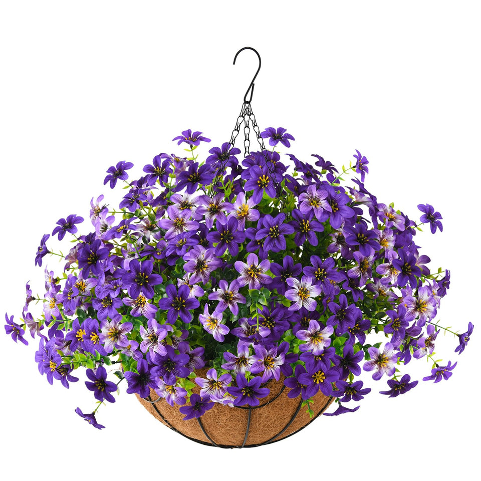ZFProcess artificial flowers hanging basket with purple cluster for porches and patios