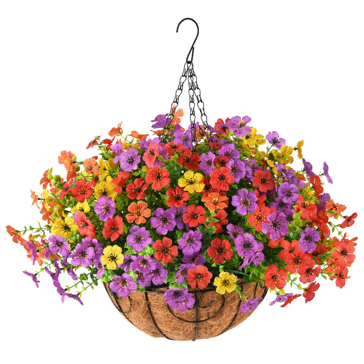 ZFProcess artificial hanging daisies in a basket add year-round color to porches.