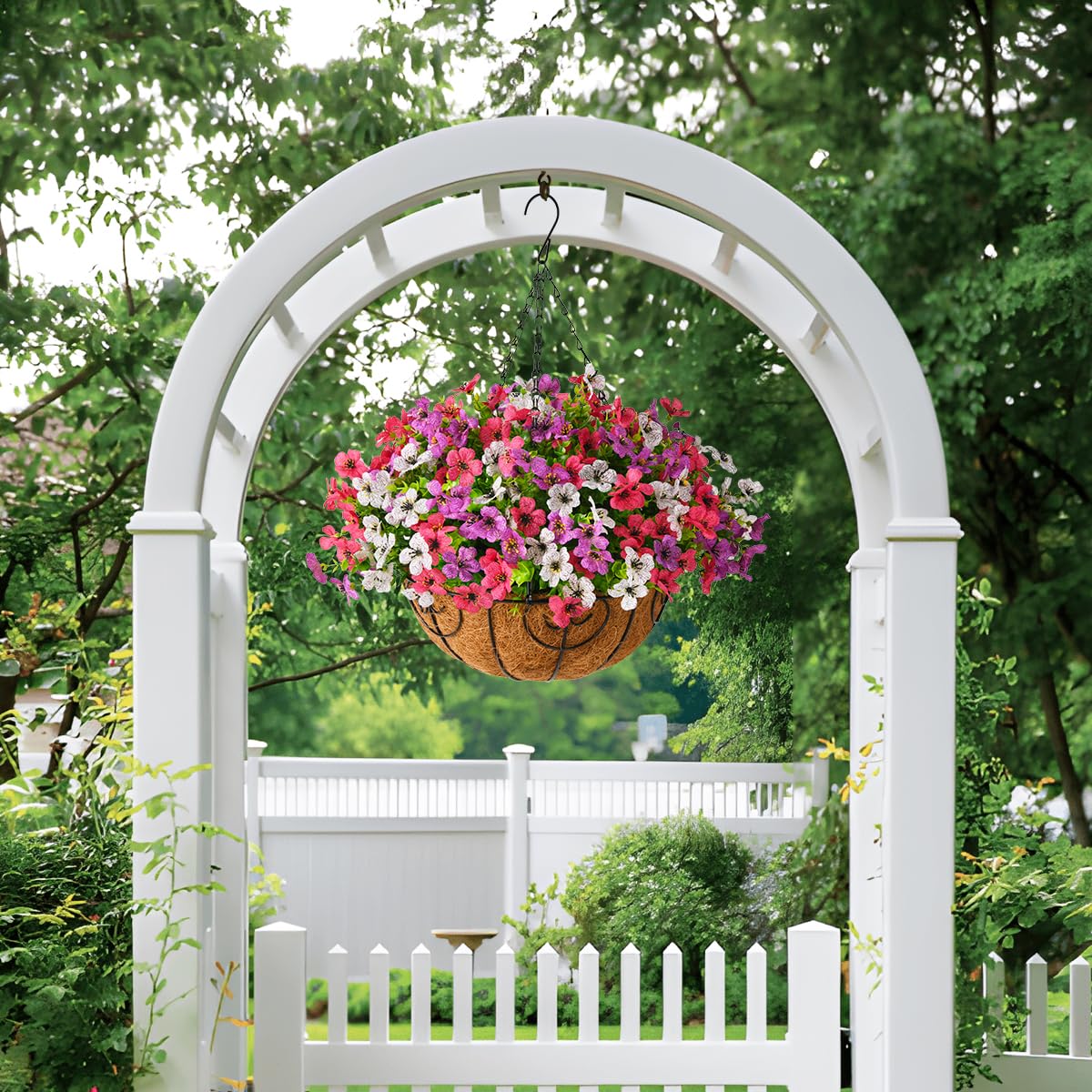 Six artificial daisies arranged in a hanging basket for lush look