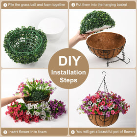 Hanging basket with metal chain and coconut palm lining detail