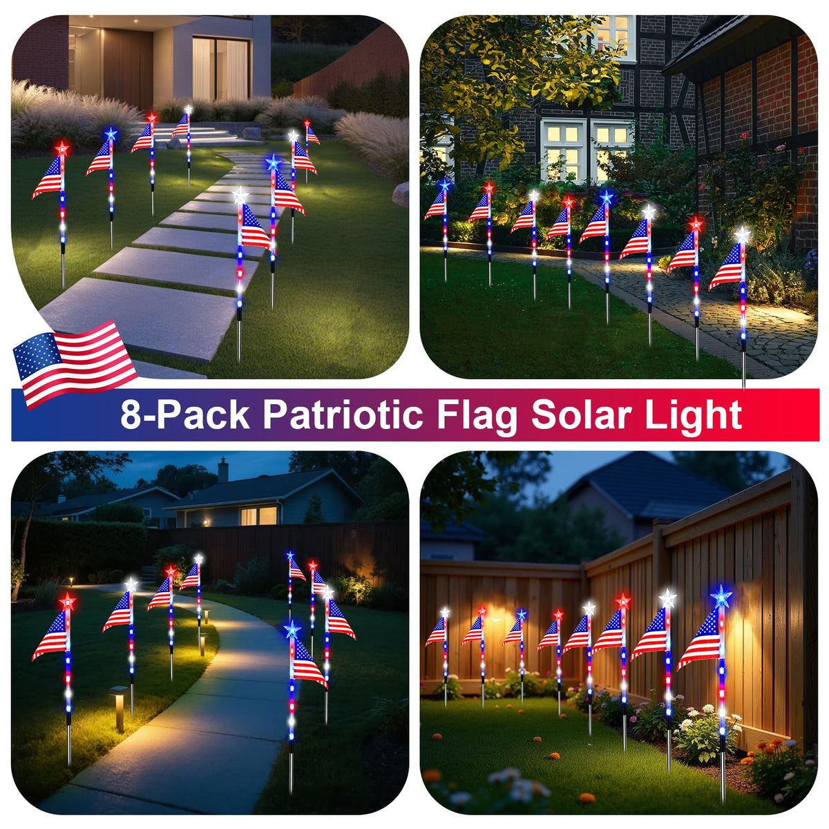 Zhaoray solar flag light glows along the garden path at night.