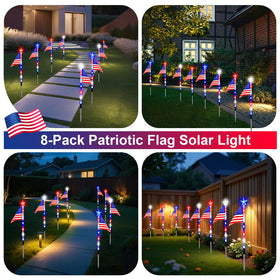 Zhaoray solar flag light glows along the garden path at night.