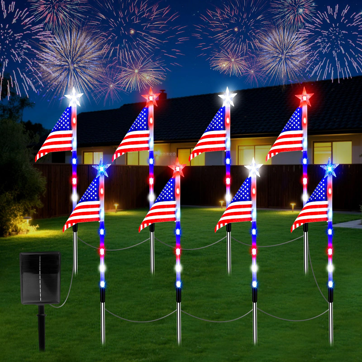 Zhaoray solar flag light on patio glows with patriotic decor at dusk.