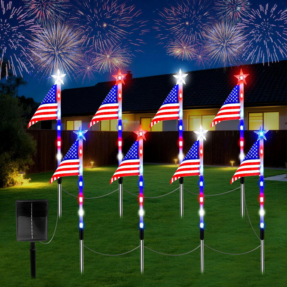 Zhaoray solar flag light on patio glows with patriotic decor at dusk.