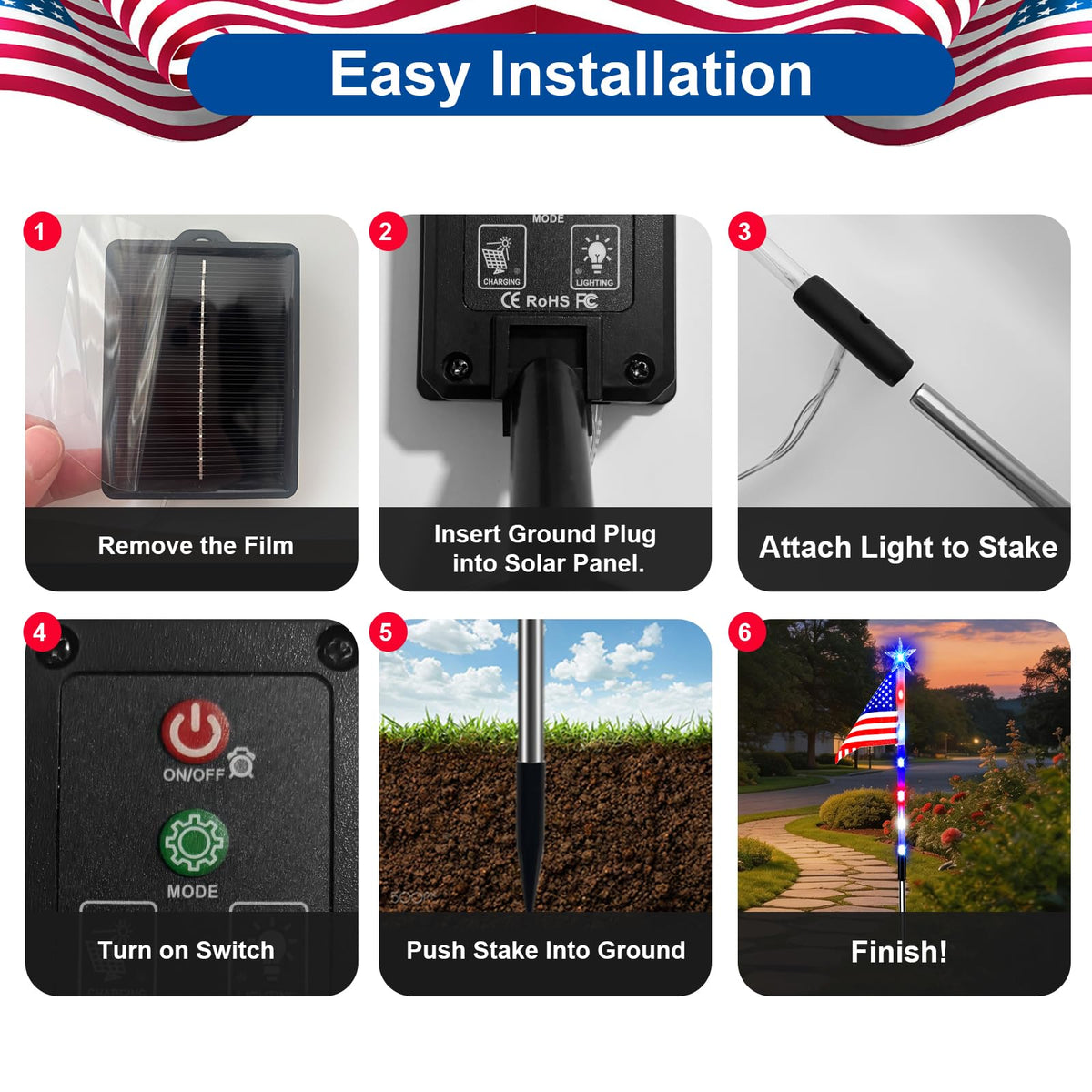 Zhaoray flag light illuminates porch and lawn areas.
