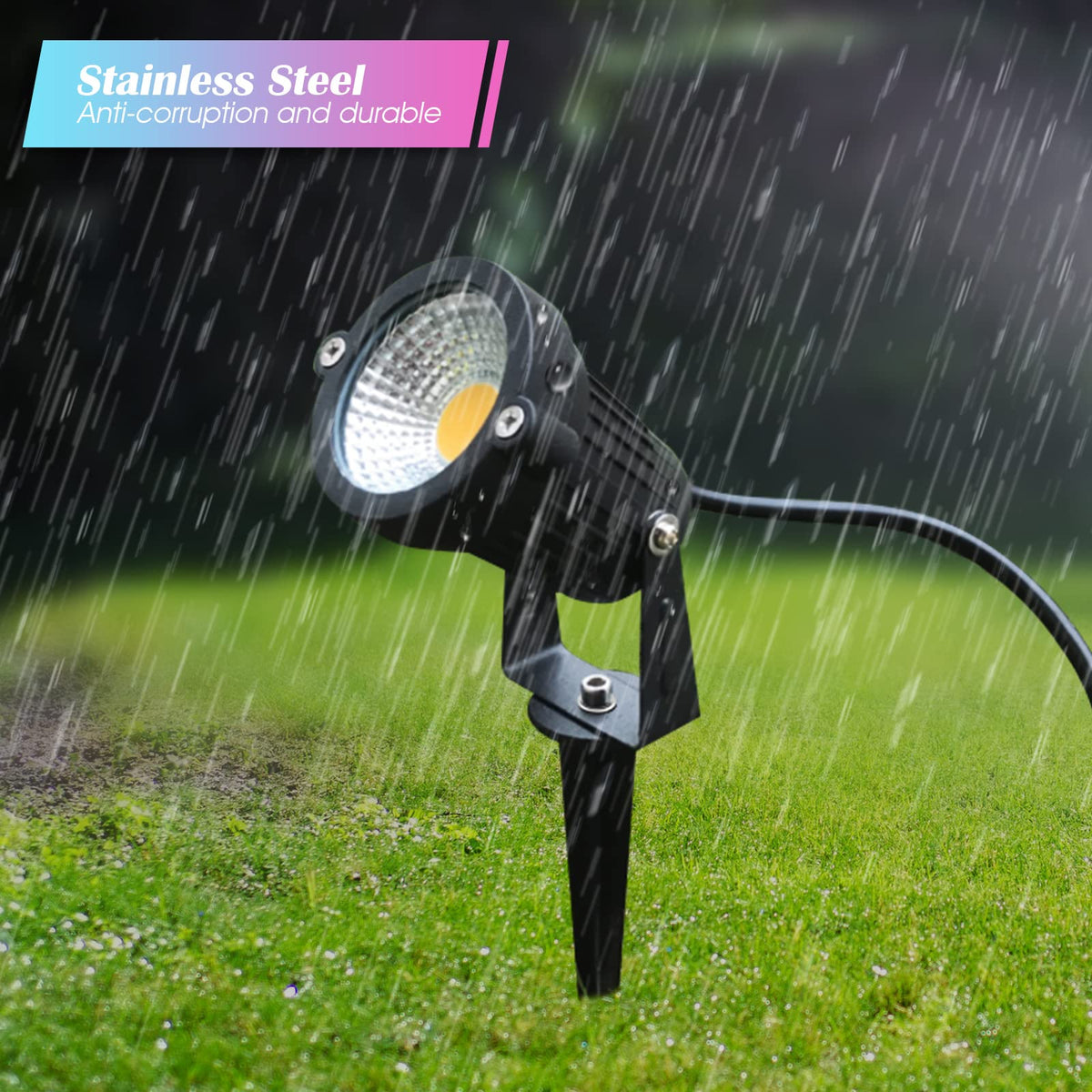 Zhengmy lawn path LED setup stabilized by corrosion-resistant aluminum stake.