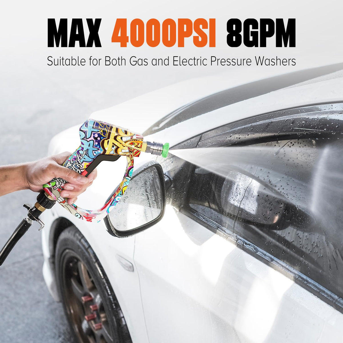 Zhevebaga short pressure washer gun features five nozzles for versatile cleaning modes.