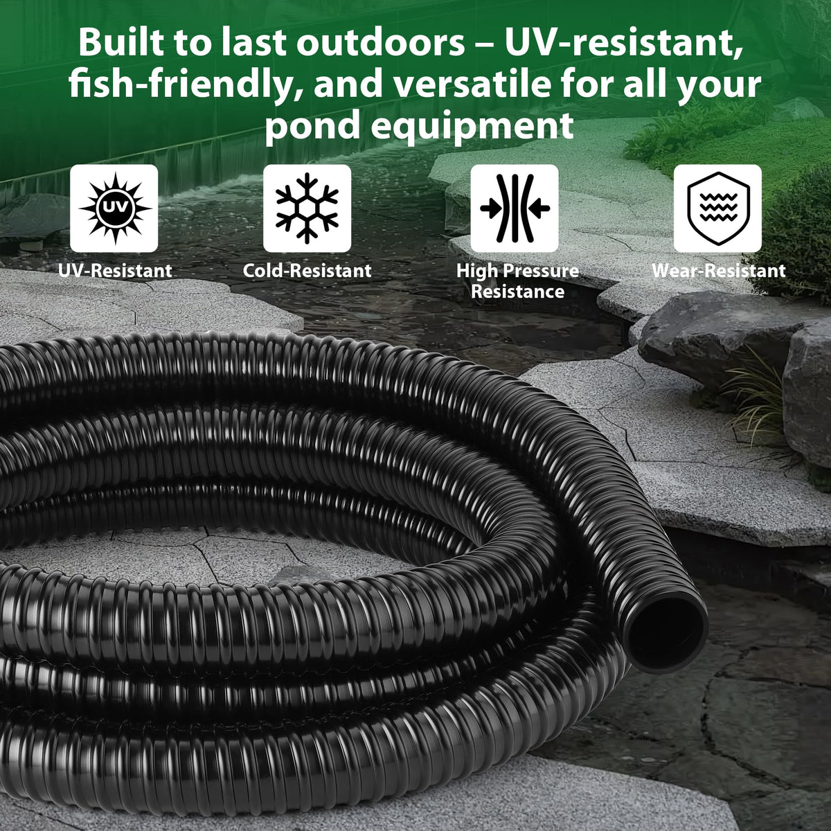 ZhiYo tubing supports pumps and waterfalls in backyard ponds.