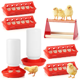 ZhiYueOnePets 7PCS chick feeder waterer kit with wooden perch in red promotes calm feeding in brooders.