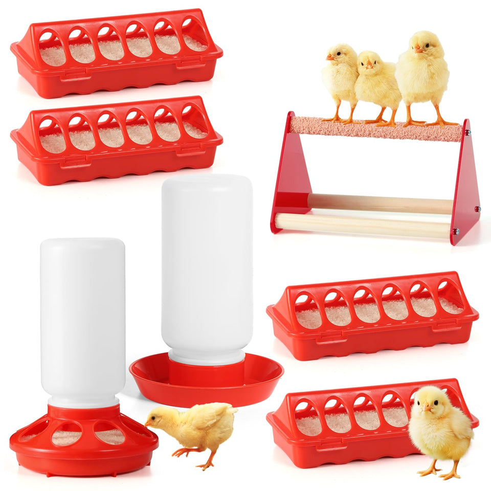 ZhiYueOnePets 7PCS chick feeder waterer kit with wooden perch in red promotes calm feeding in brooders.