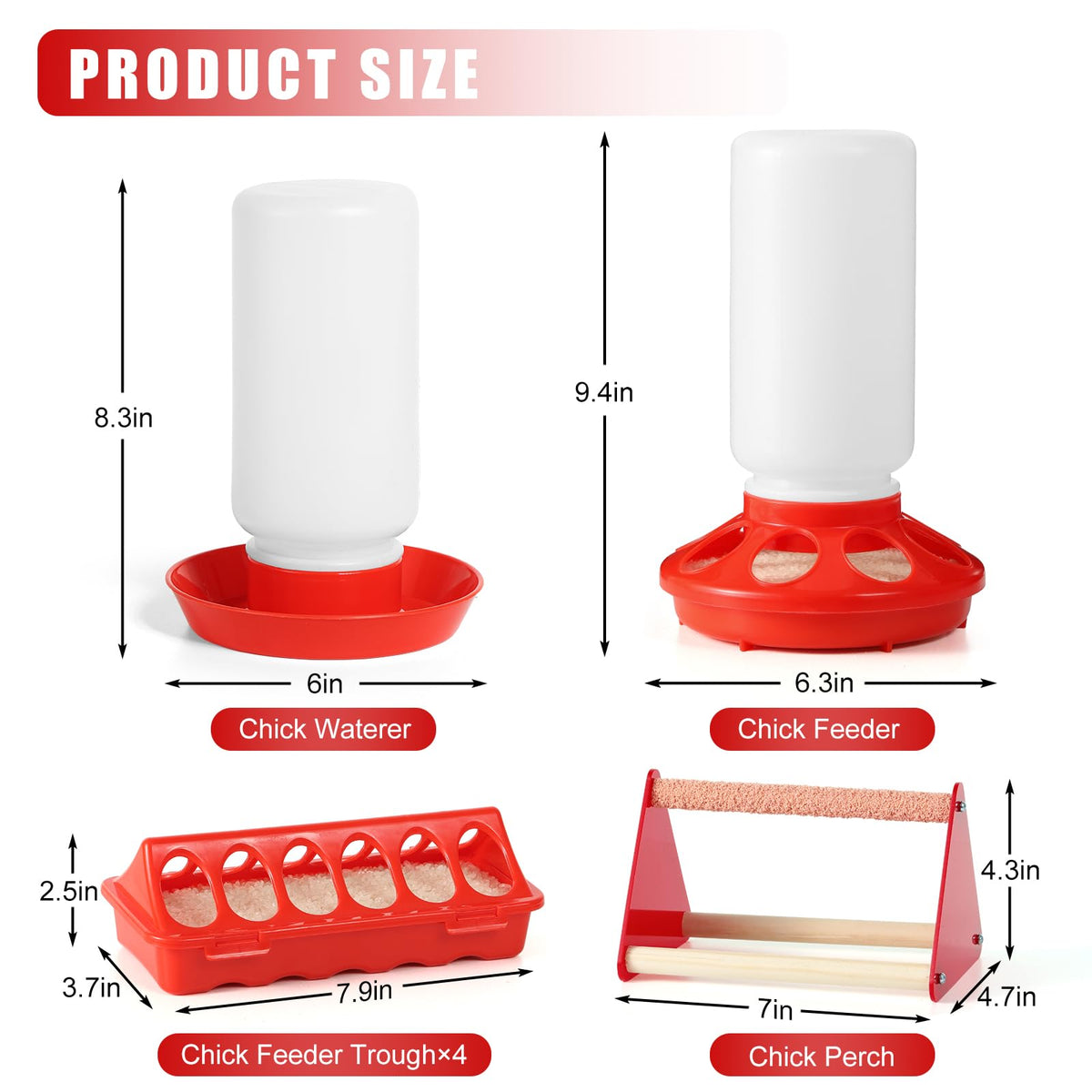 Close-up of ZhiYueOnePets feeder and waterer kit showing red design for clean chick housing.
