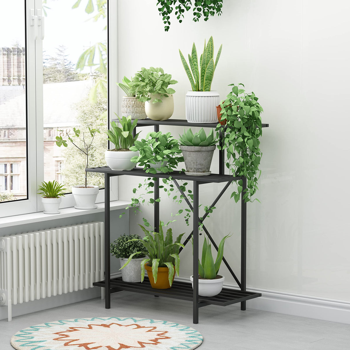 Zhongma 3-tier plant stand front view emphasizes balanced shelves and heavy-duty capacity