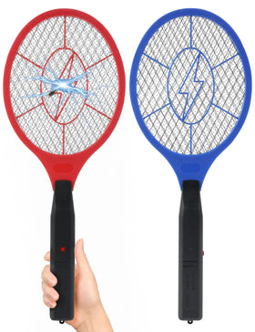 ZHOU HE red electric fly swatter with ergonomic grip for indoor and outdoor use.