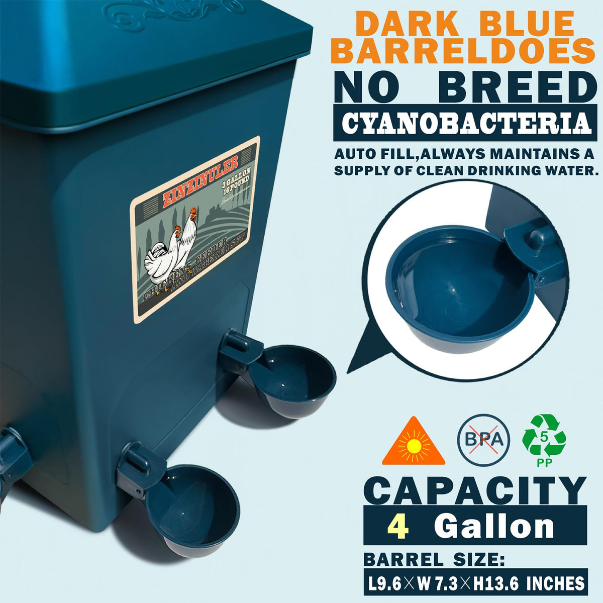 Prussian blue ZINZINULER waterer adds durable color to outdoor coop.