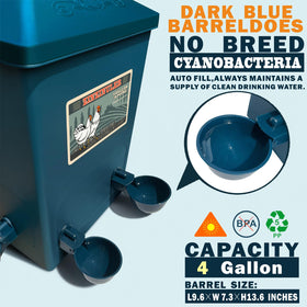 Prussian blue ZINZINULER waterer adds durable color to outdoor coop.