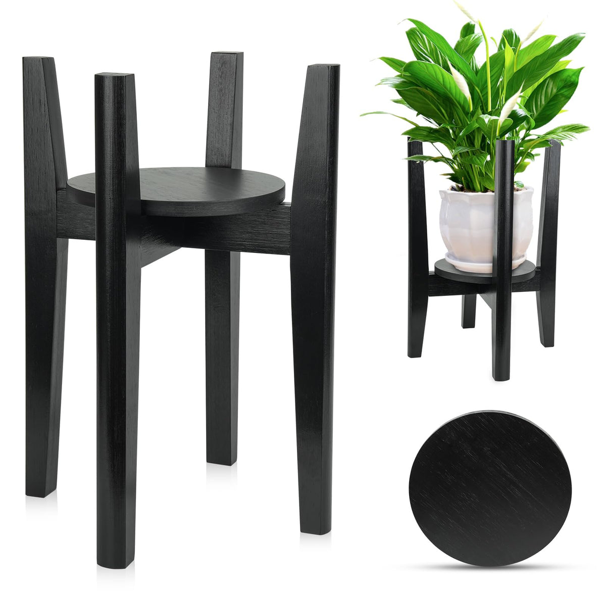 ZIOZERTT adjustable plant stand with tray, front view, sturdy K-leg support for 8–12 inch planters.
