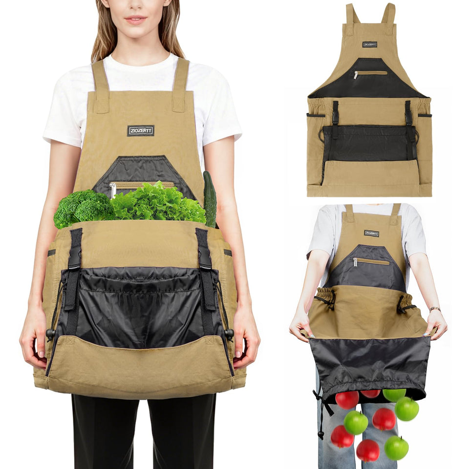 ZIOZERTT garden apron with a drawstring bag keeps harvest secure while gardening.