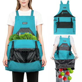 ZIOZERTT Garden Apron with drawstring bag demonstrates secure harvest storage during gardening.