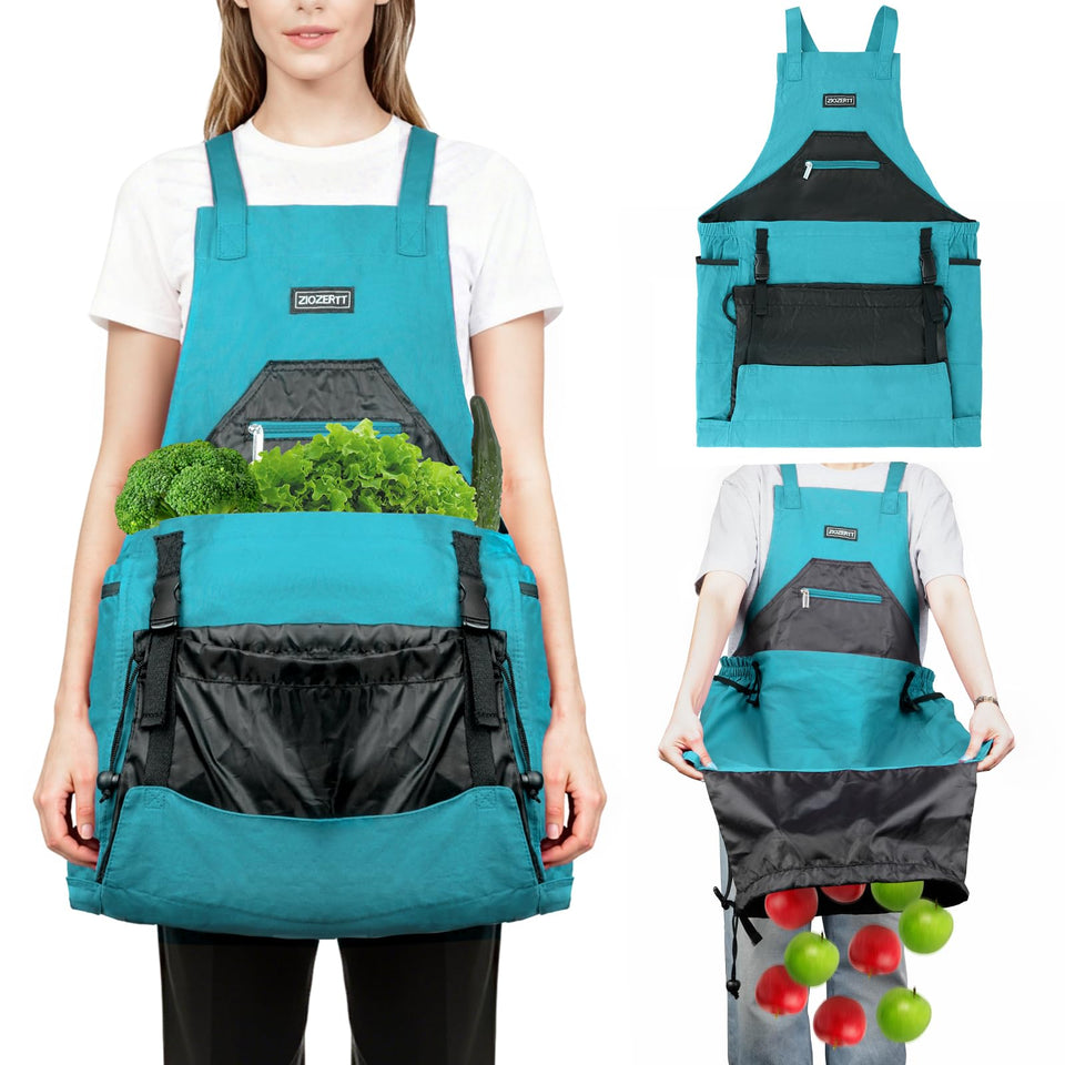 ZIOZERTT Garden Apron with drawstring bag demonstrates secure harvest storage during gardening.