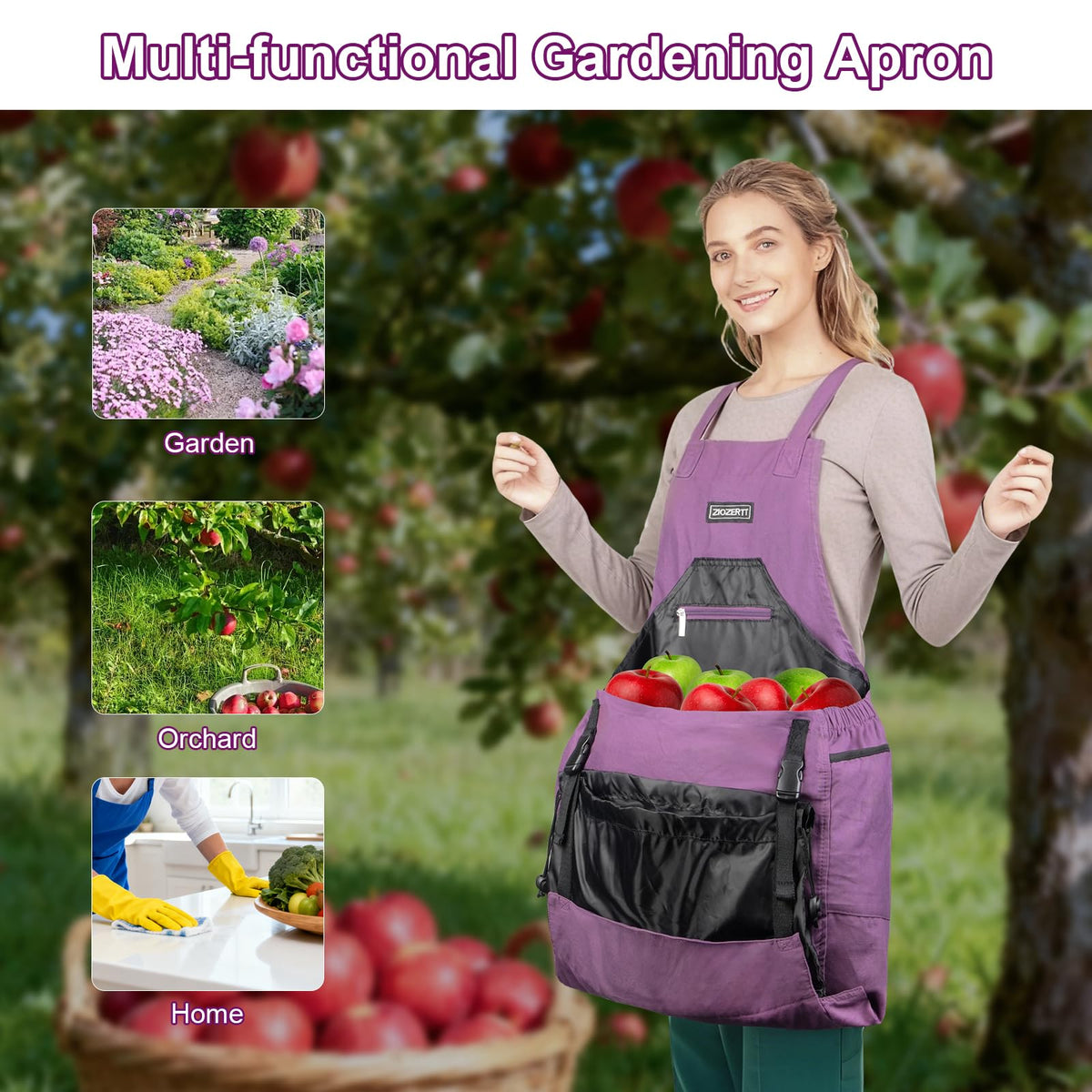ZIOZERTT garden apron large bottom pocket holds fruit and harvest.