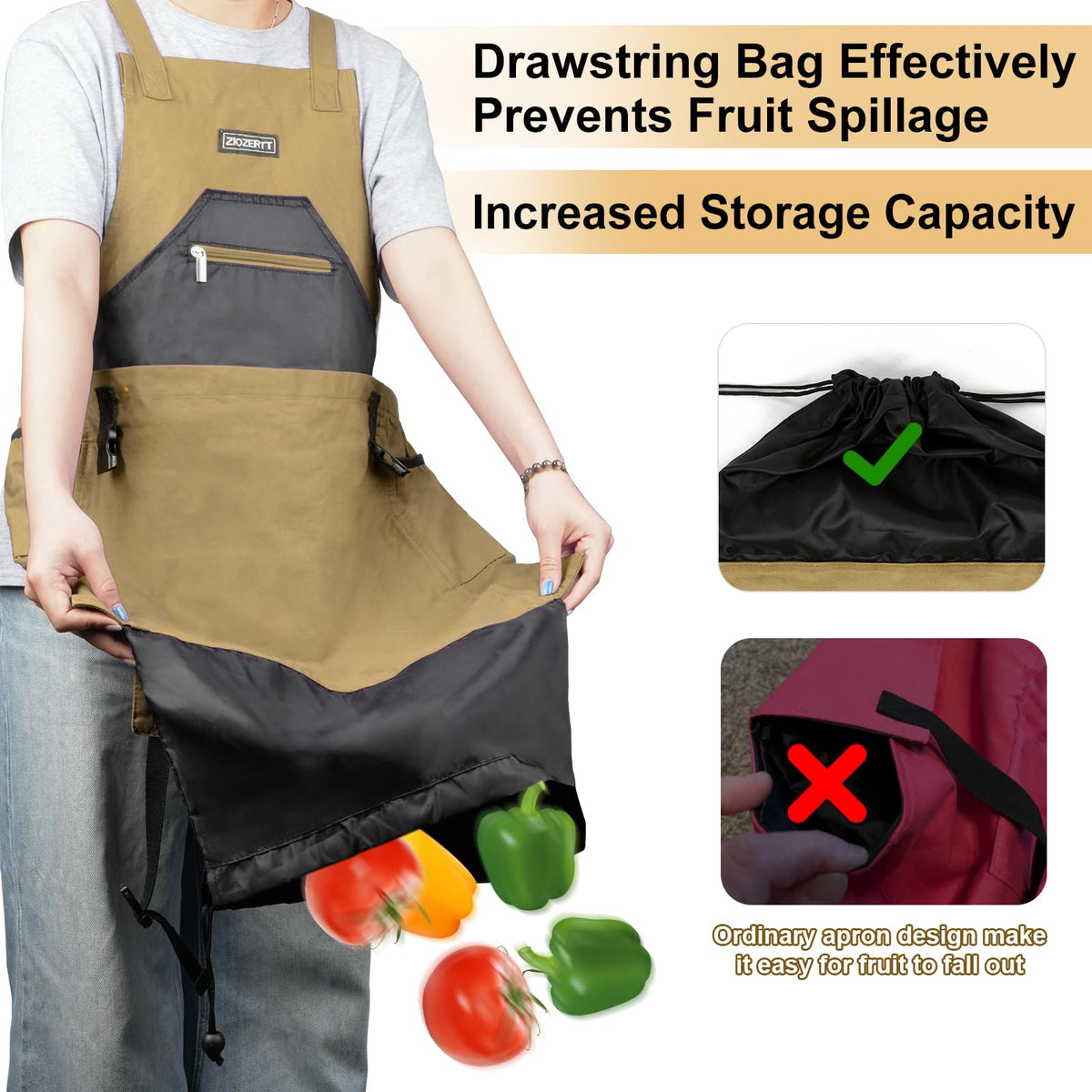 ZIOZERTT garden apron with multiple pockets for tools and harvests.