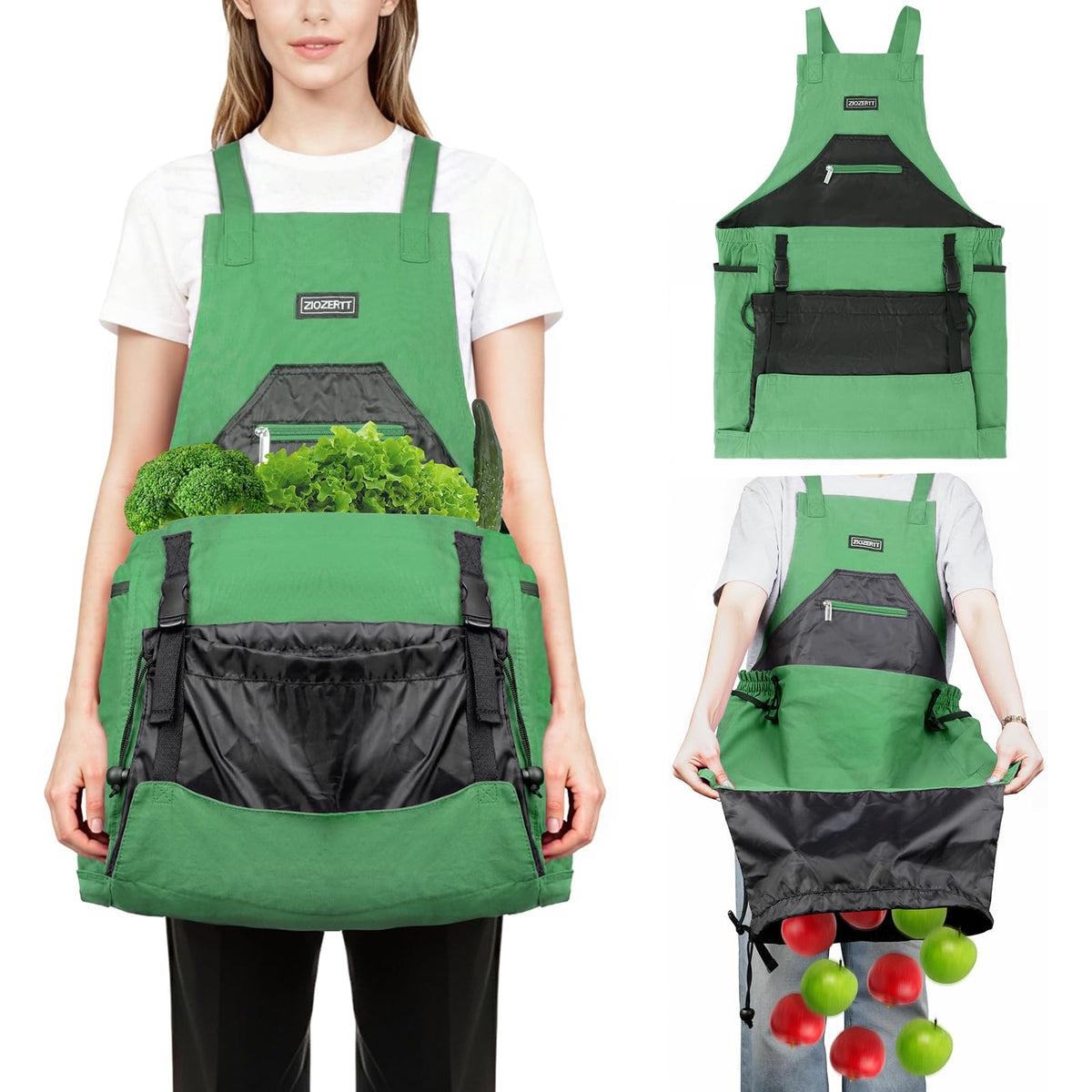 ZIOZERTT Gardening Apron with water-resistant drawstring bag keeps harvest secure.