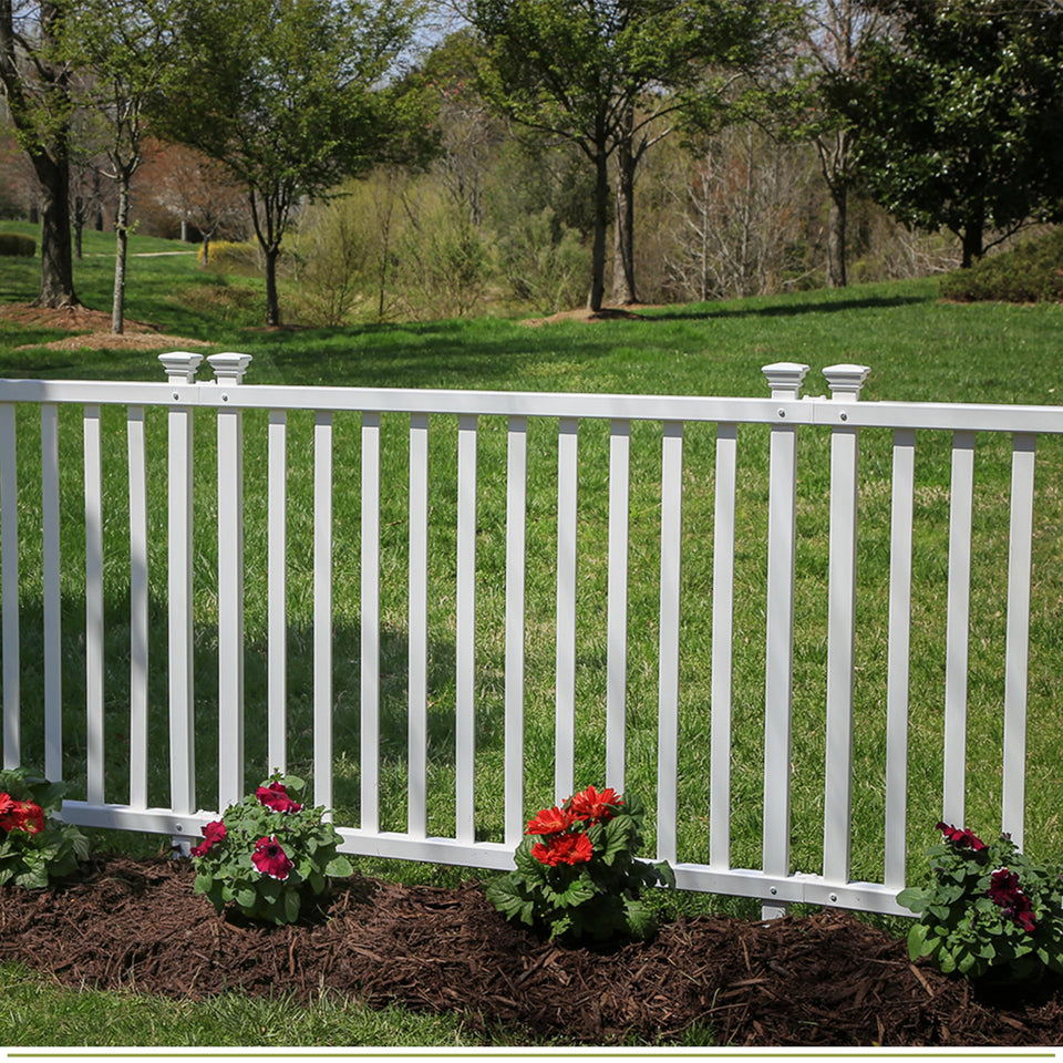 Zippity Baskenridge fence panel kit front view, white vinyl border for yard safety