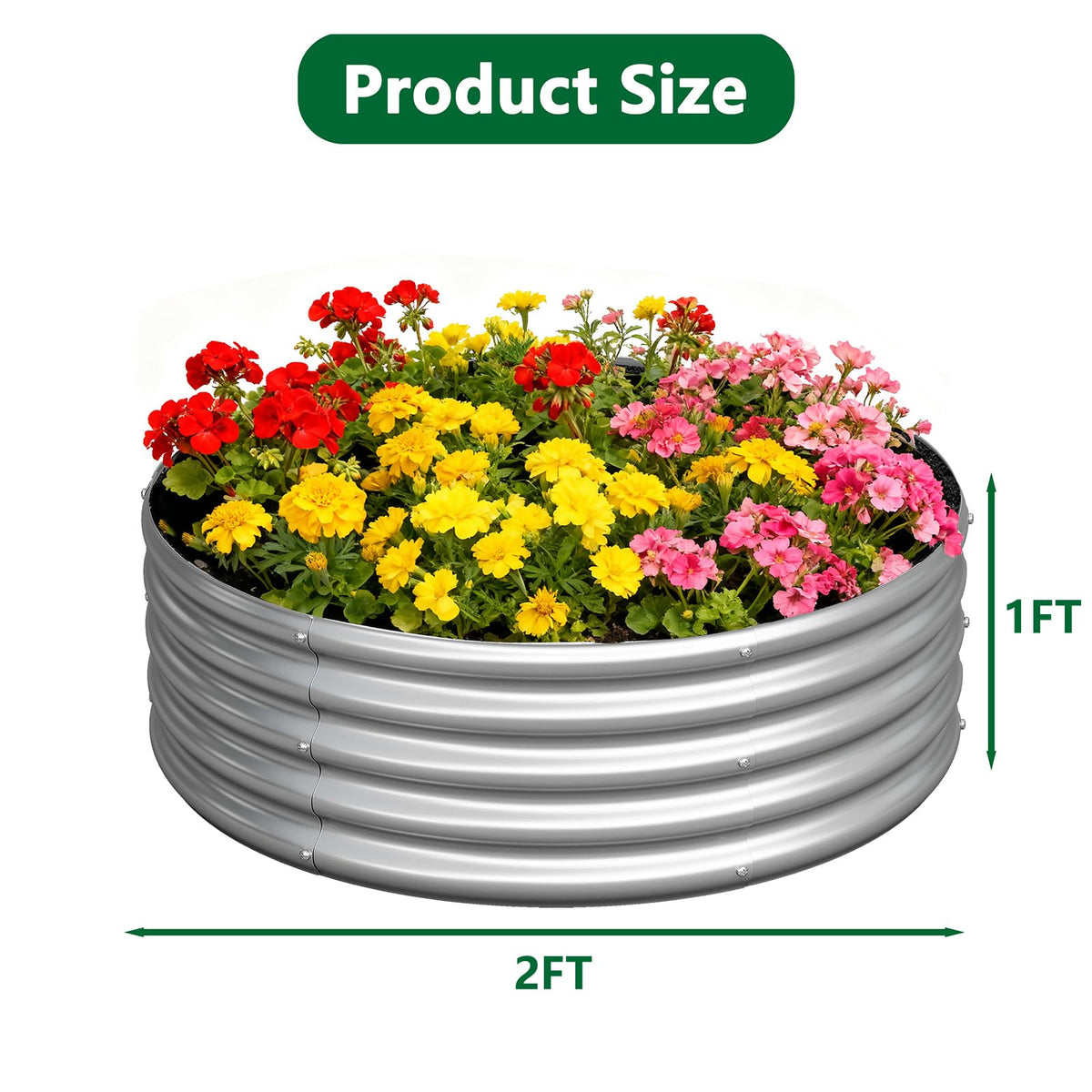 Zizin 2ft galvanized round raised bed, top view, fits compact gardens neatly.