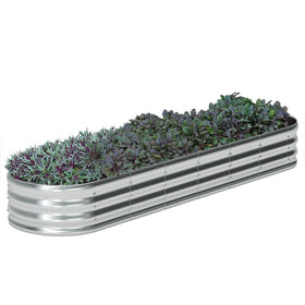 Zizin galvanized oval raised garden bed 8x2x1ft offers ample growing space for vegetables.