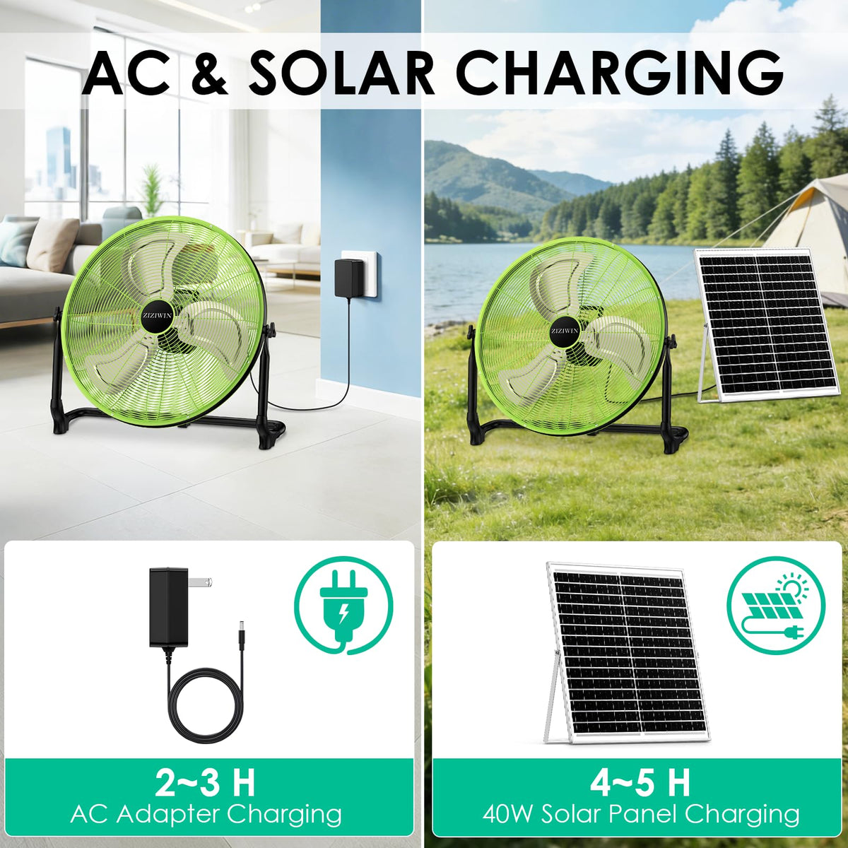 ZIZIWIN solar fan in a garage workshop for quiet cooling.