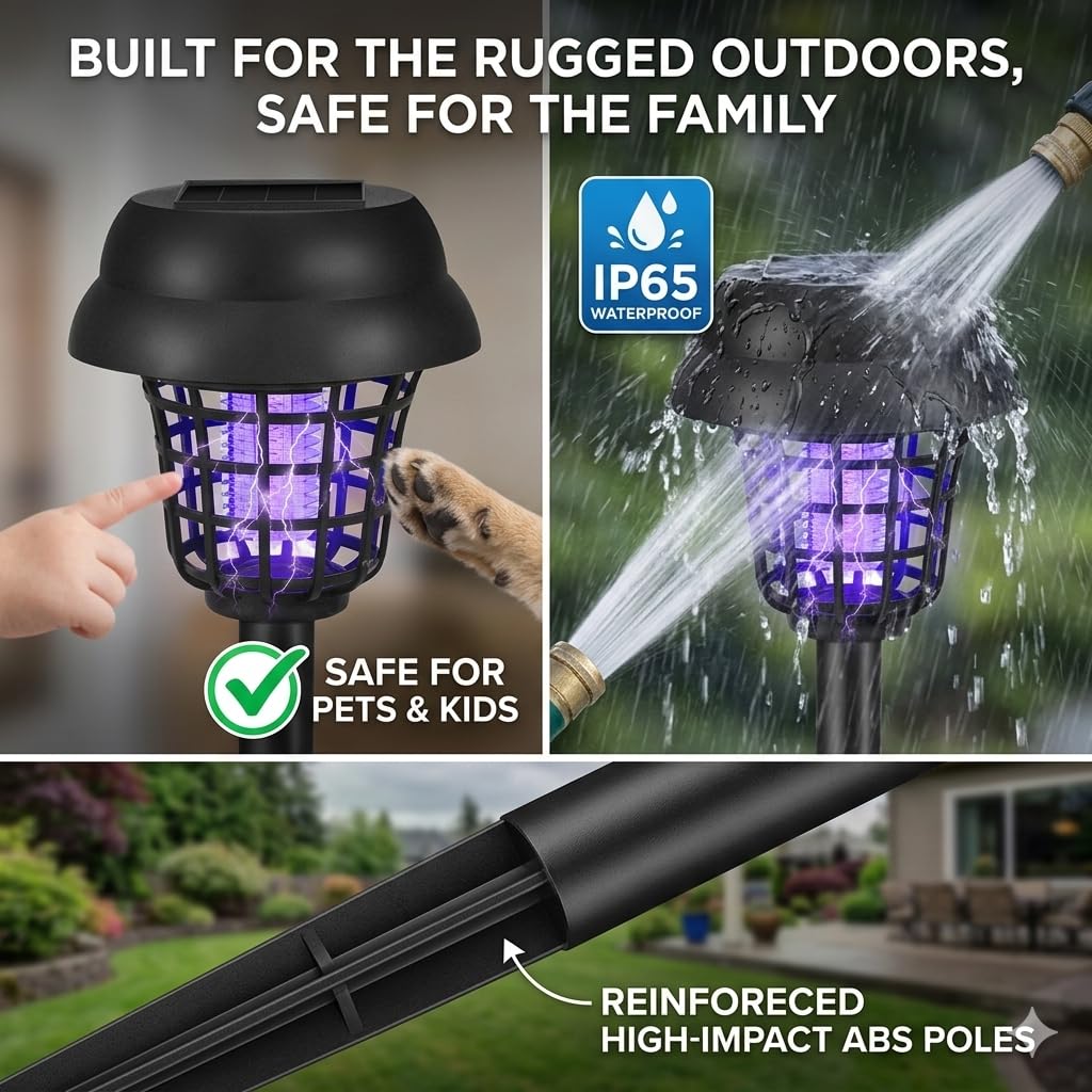 ZLieatmp solar bug zapper near vegetable beds supports pest deterrence.
