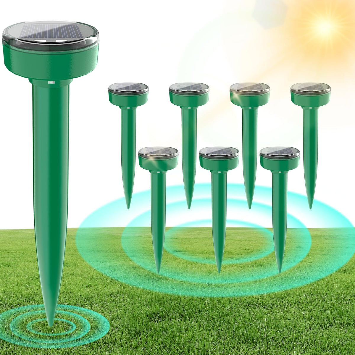 ZLieatmp 8-pack mole repellent with solar panel on stake deters burrowing pests across lawns.