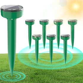 ZLieatmp 8-pack mole repellent with solar panel on stake deters burrowing pests across lawns.