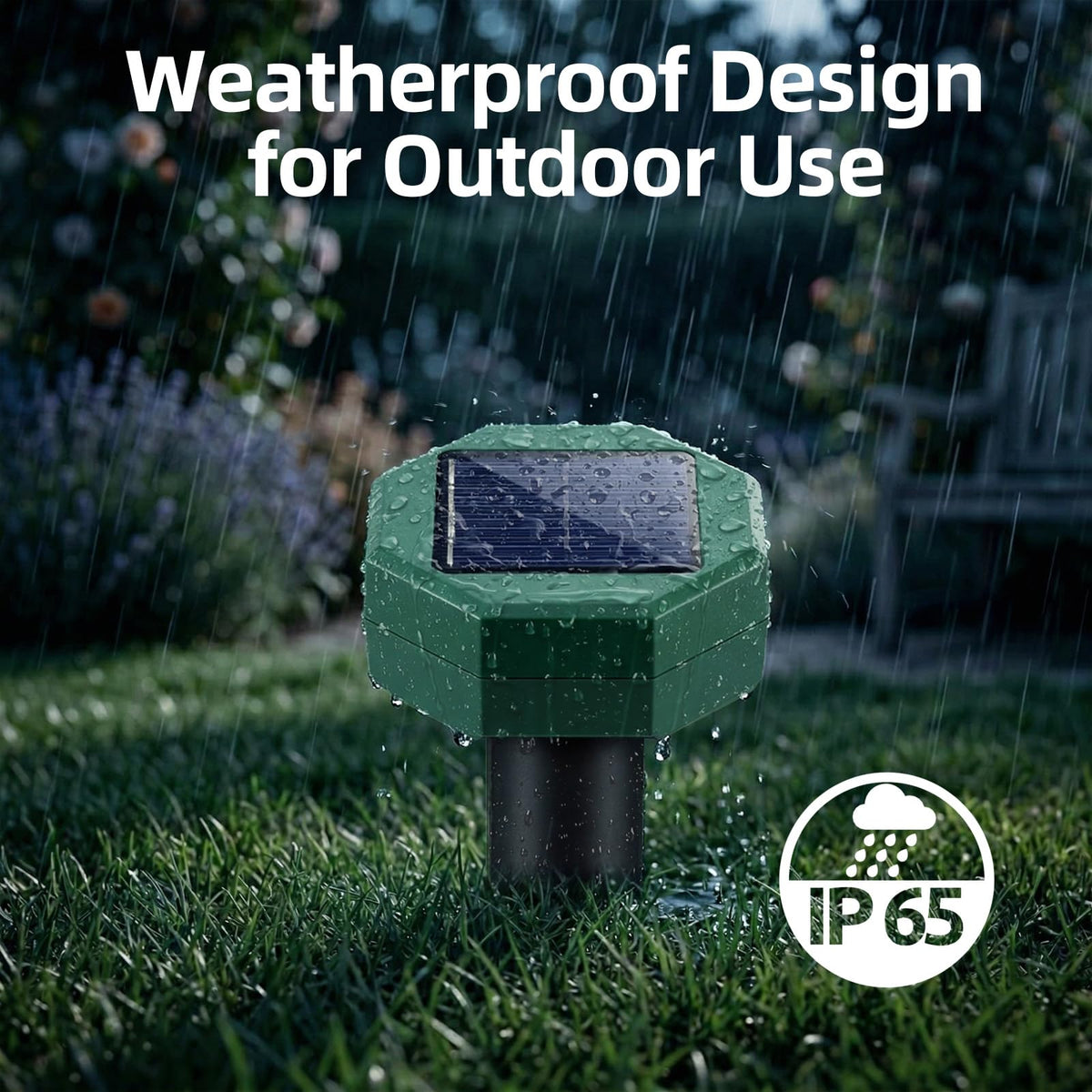 ZLieatmp IP65 waterproof pest repeller stake withstands rain and sun for year-round protection.