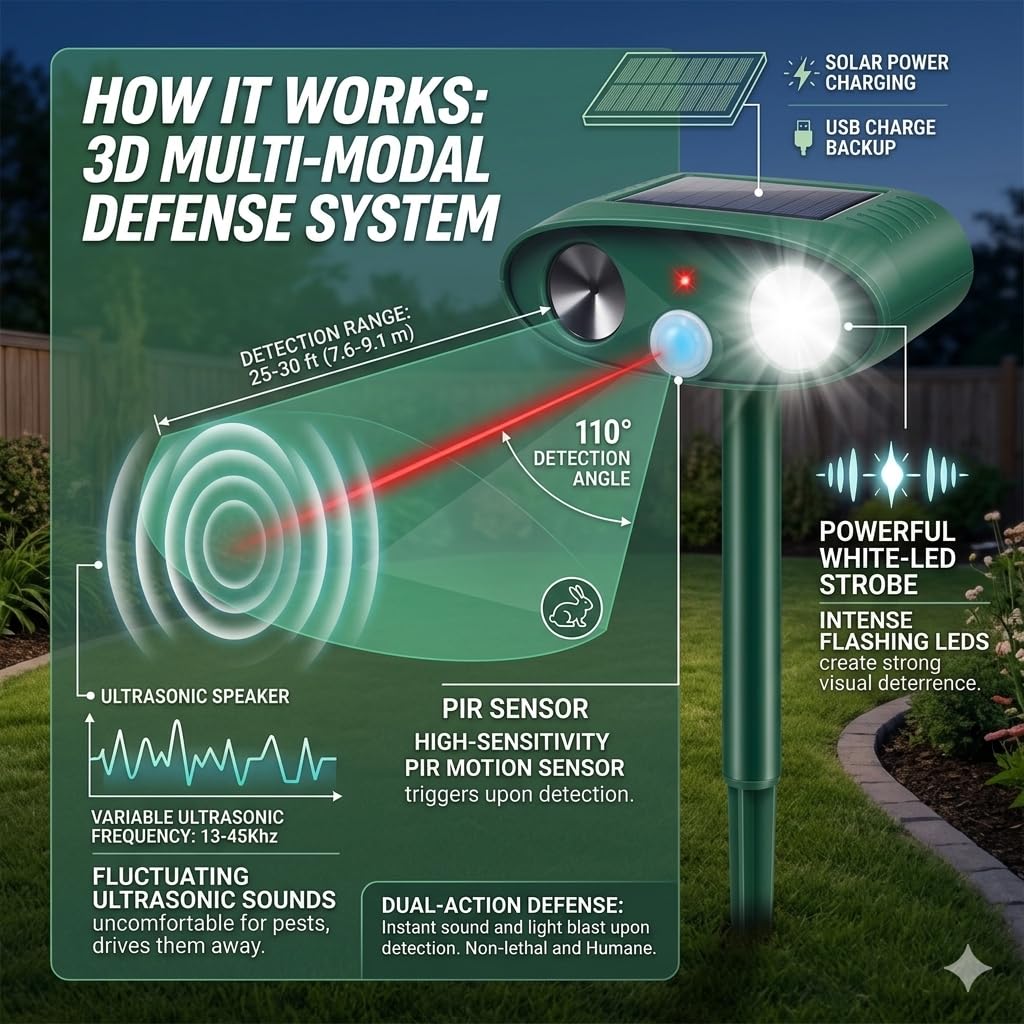 ZLieatmp 110-degree PIR sensor triggers ultrasonic alert within 25-30 feet.