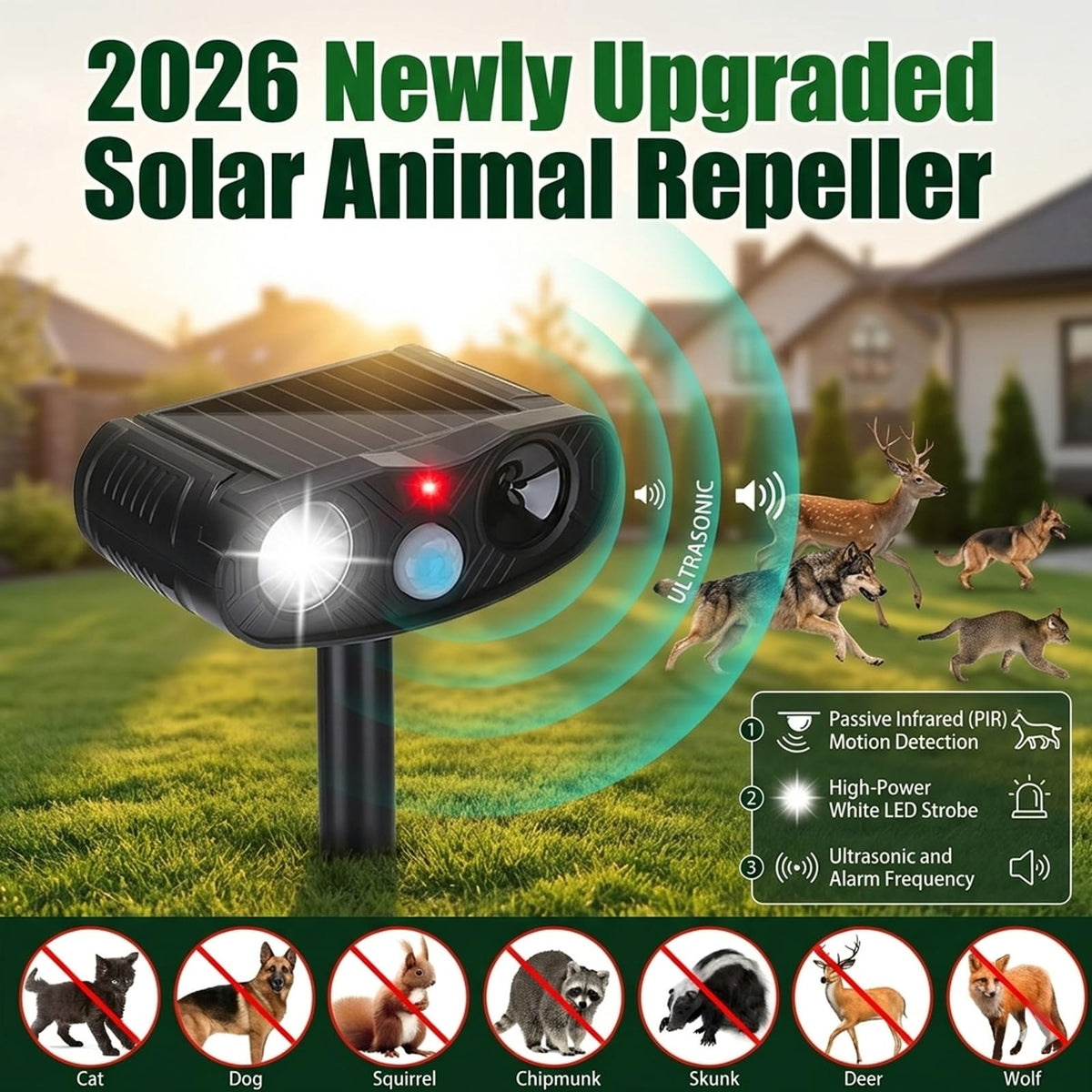 ZLieatmp solar animal repeller LED flash during nighttime deterrence for secure borders.